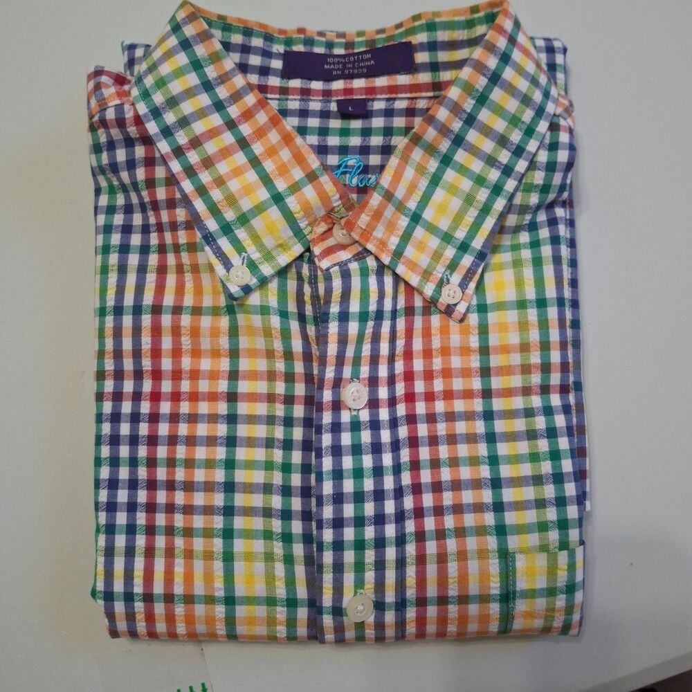Alan Flusser Mens Lg Rainbow Seersucker Button Shirt EUC Pride Rainbowcore Madra